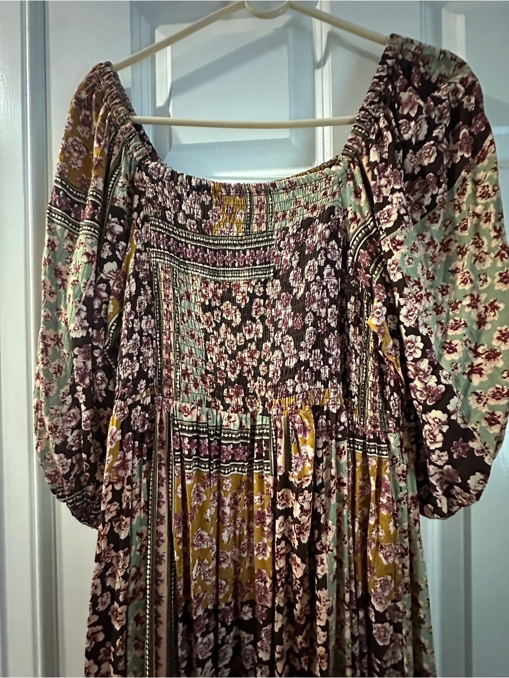 Angie Boho Floral Patchwork Maxi Dress in Brown and Gold - Picture 2 of 6
